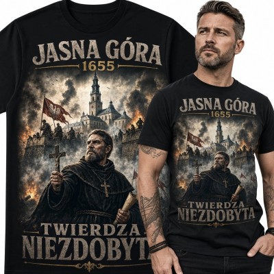 Koszulka męska z motywem obrony Jasnej Góry 1655 i napisem „Twierdza niezdobyta” - patriotyczna