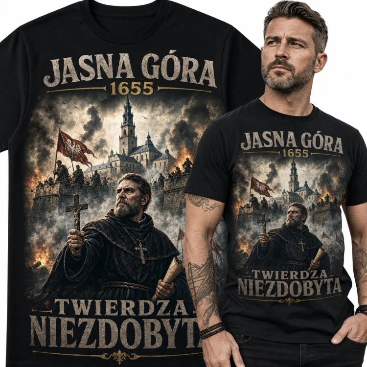 Koszulka męska z motywem obrony Jasnej Góry 1655 i napisem „Twierdza niezdobyta” - patriotyczna