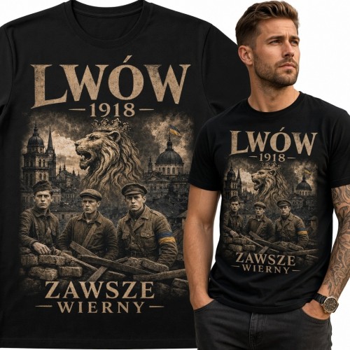 Koszulka męska z lwem i obrońcami Lwowa „Lwów 1918” - „Zawsze wierny”