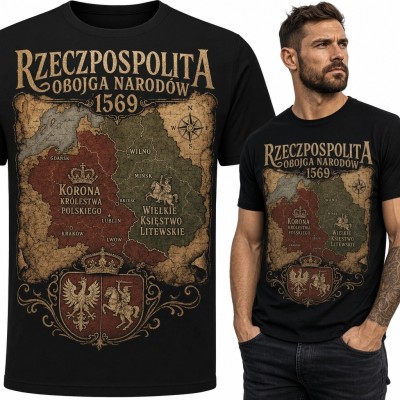 Koszulka męska z mapą „Rzeczpospolita Obojga Narodów 1569” - Korona i Litwa