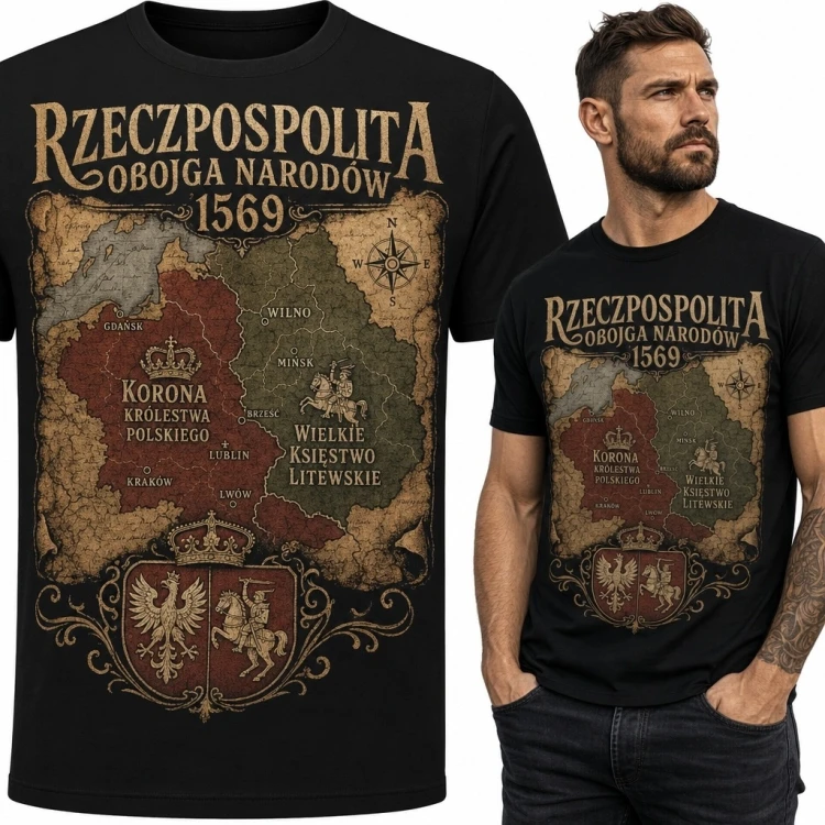 Koszulka męska z mapą „Rzeczpospolita Obojga Narodów 1569” - Korona i Litwa