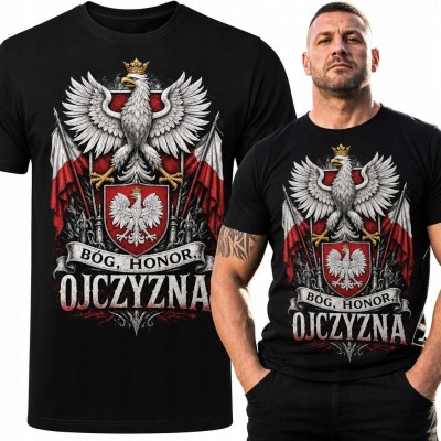 Koszulka męska patriotyczna z Orłem Białym i napisem „Bóg, Honor, Ojczyzna” - polskie flagi