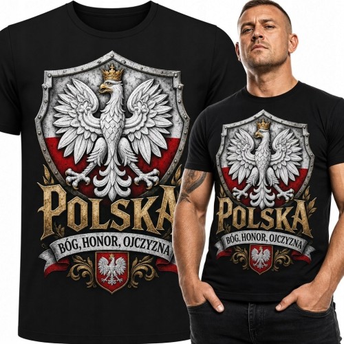 Koszulka męska patriotyczna z Białym Orłem - „Polska” i „Bóg, Honor, Ojczyzna”