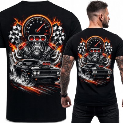 Koszulka męska z klasycznym muscle carem - silnik V8 i flagi wyścigowe