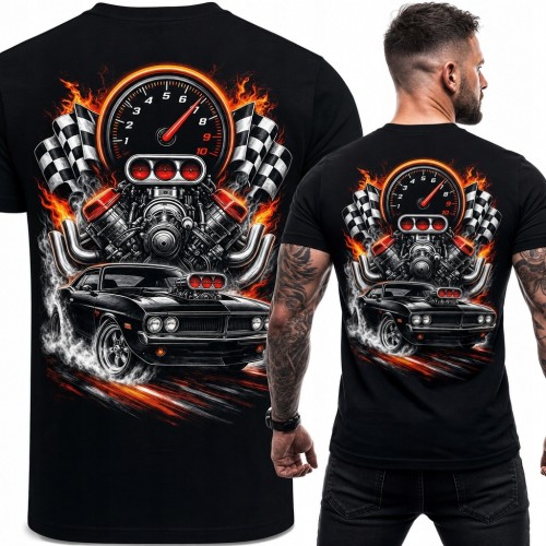 Koszulka męska z klasycznym muscle carem - silnik V8 i flagi wyścigowe