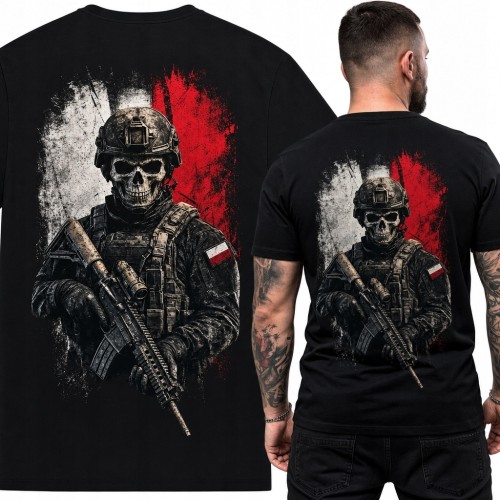 Koszulka męska militarna ze szkieletem żołnierza - duży nadruk na plecach