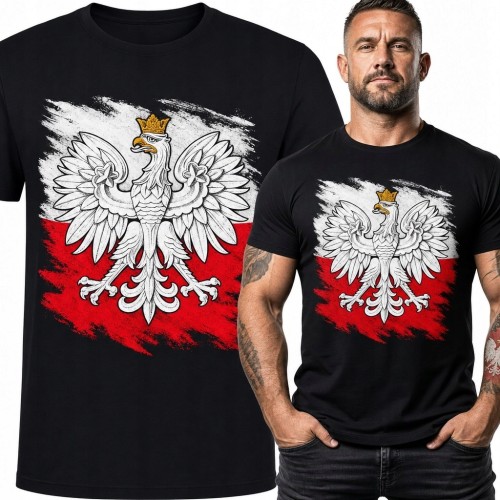 Koszulka męska z Orłem Białym na tle flagi Polski - patriotyczny motyw