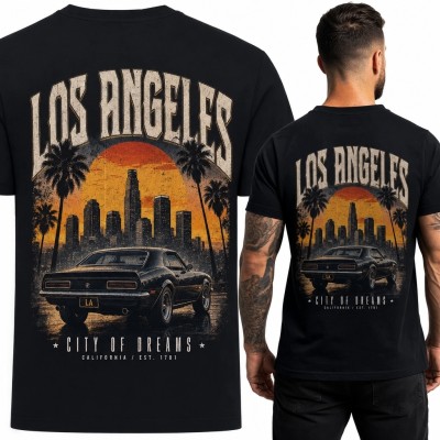 Koszulka męska z klasycznym autem „Los Angeles” - duży nadruk na plecach