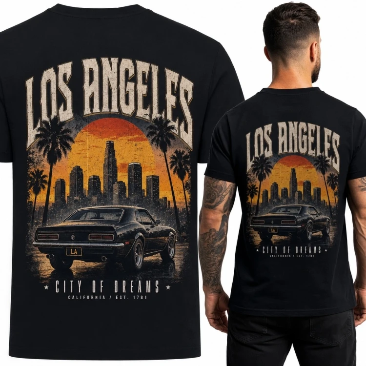 Koszulka męska z klasycznym autem „Los Angeles” - duży nadruk na plecach