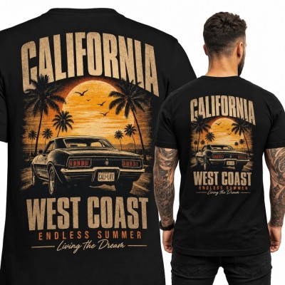 Koszulka męska z klasycznym autem „California / West Coast” - retro nadruk na plecach