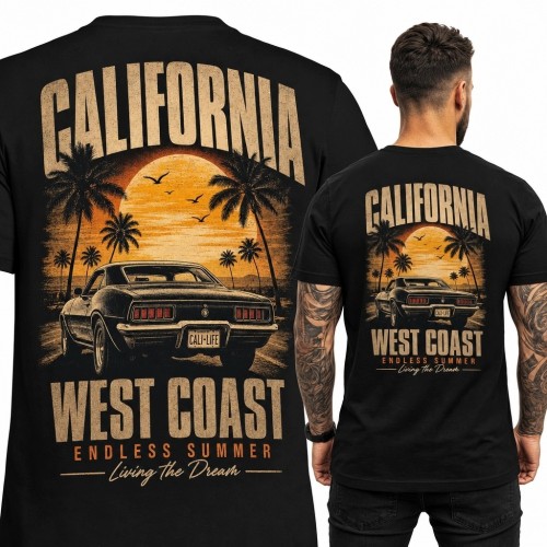 Koszulka męska z klasycznym autem „California / West Coast” - retro nadruk na plecach