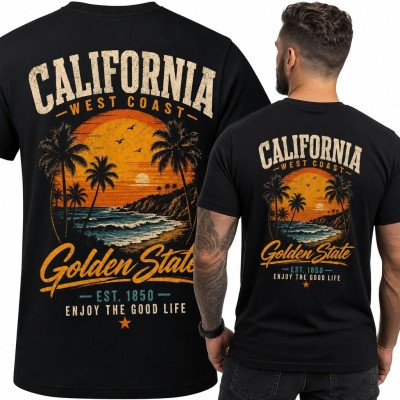 Koszulka męska z nadrukiem Kalifornii „California - Golden State” - retro zachód słońca