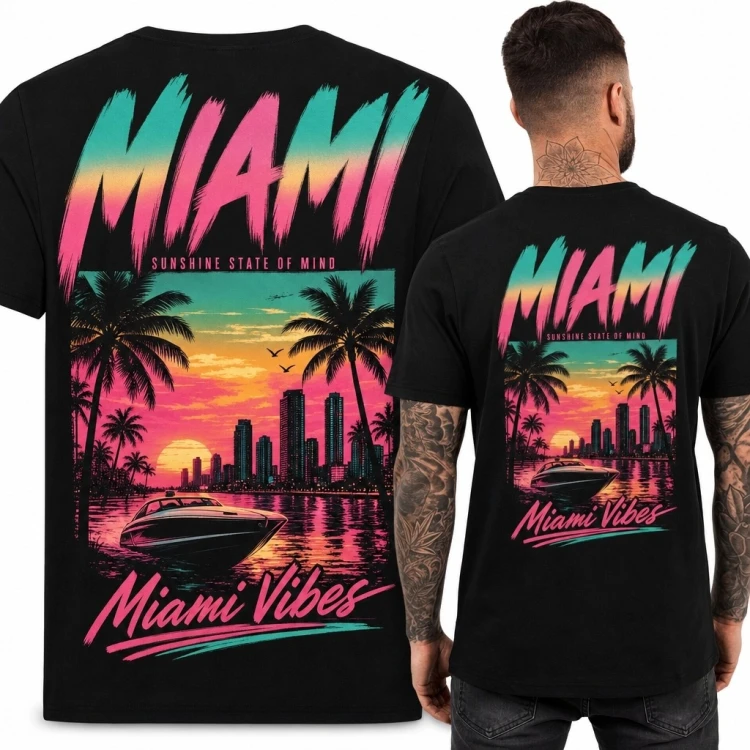 Koszulka męska „Miami” - panorama miasta i neonowy zachód słońca