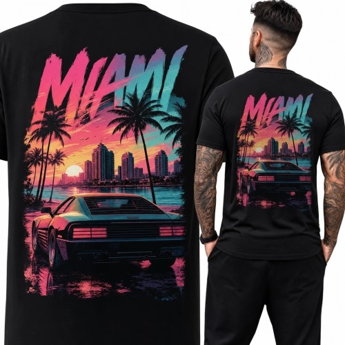 Koszulka męska ze sportowym autem i napisem „Miami” - neonowy nadruk na plecach