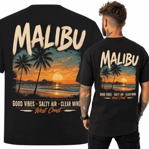 Koszulka męska z nadrukiem „Malibu” - palmy i zachód słońca