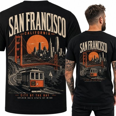 Koszulka męska „San Francisco” - Golden Gate i tramwaj w stylu vintage