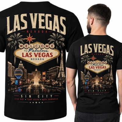 Koszulka męska Las Vegas z panoramą miasta i napisem „Las Vegas” - duży nadruk retro