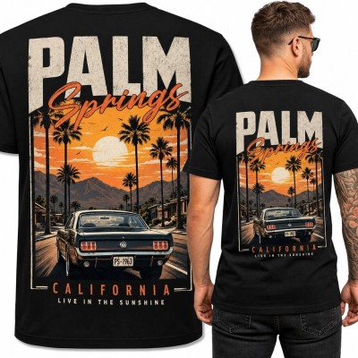Koszulka męska „Palm Springs” z klasycznym samochodem - kalifornijskie retro
