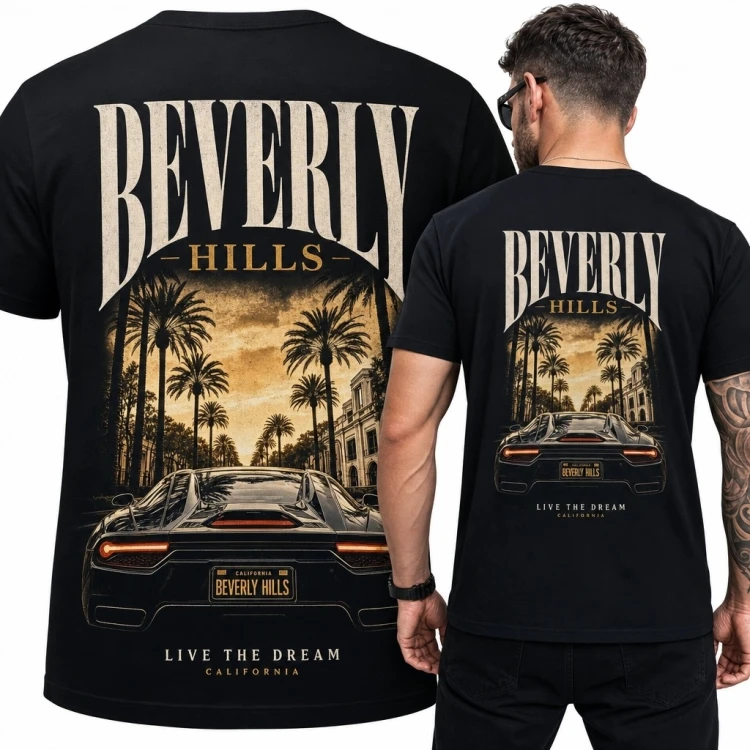 Koszulka męska „Beverly Hills” ze sportowym samochodem - nadruk na plecach