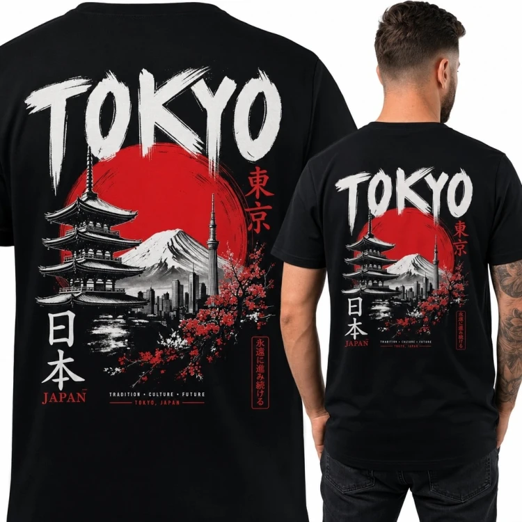 Koszulka męska z japońskim pejzażem „Tokyo” - pagoda, góra Fuji i panorama Tokio