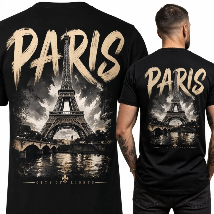 Koszulka męska „Paris” z Wieżą Eiffla - duży nadruk na plecach
