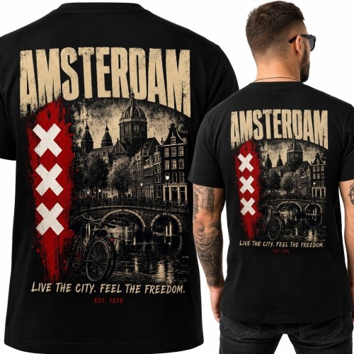 Koszulka męska z panoramą Amsterdamu i napisem „Amsterdam” - duży nadruk na plecach