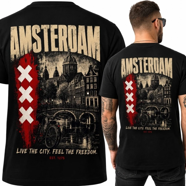 Koszulka męska z panoramą Amsterdamu i napisem „Amsterdam” - duży nadruk na plecach