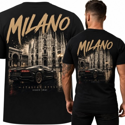 Koszulka męska „Milano” z katedrą Duomo i samochodem sportowym - nadruk na plecach