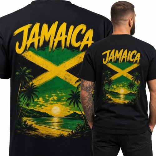 Koszulka męska z tropikalnym motywem Jamajki „Jamaica” - duży nadruk na plecach