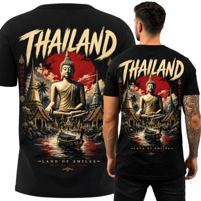 Koszulka męska „Thailand” z Buddą i świątyniami - duży nadruk na plecach