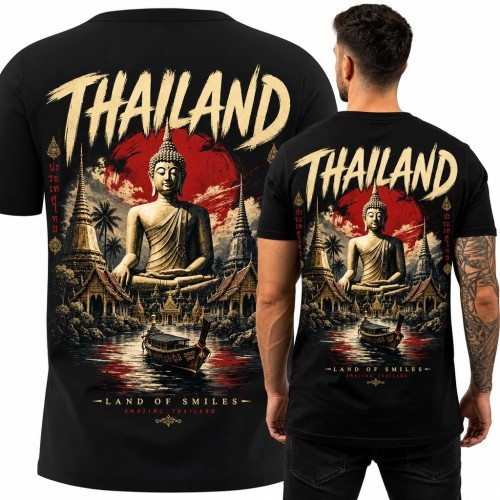 Koszulka męska „Thailand” z Buddą i świątyniami - duży nadruk na plecach