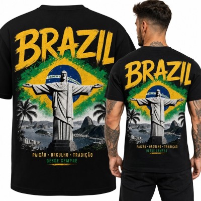 Koszulka męska z flagą Brazylii i Chrystusem Odkupicielem „Brazil” - Rio de Janeiro
