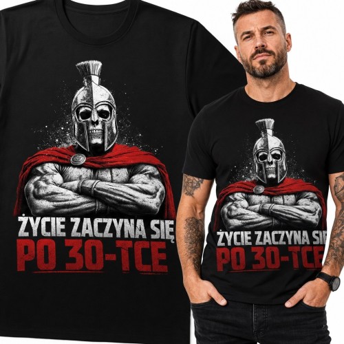 Koszulka męska na 30 urodziny ze spartańskim wojownikiem „Życie zaczyna się po 30-tce”