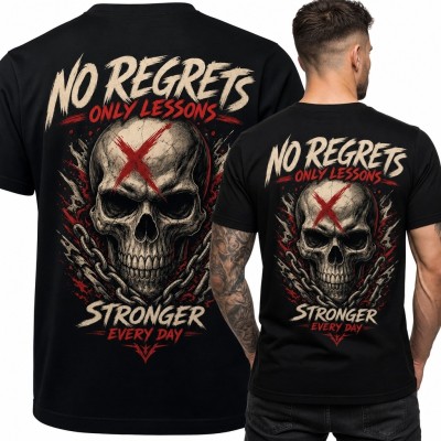 Koszulka męska z czaszką i łańcuchami „No Regrets” - duży nadruk na plecach