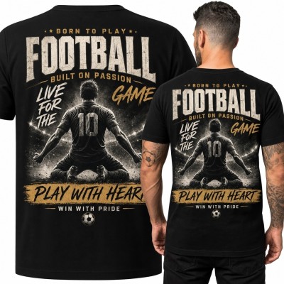 Koszulka męska z piłkarzem numer 10 i napisami „Football” oraz „Play with heart”