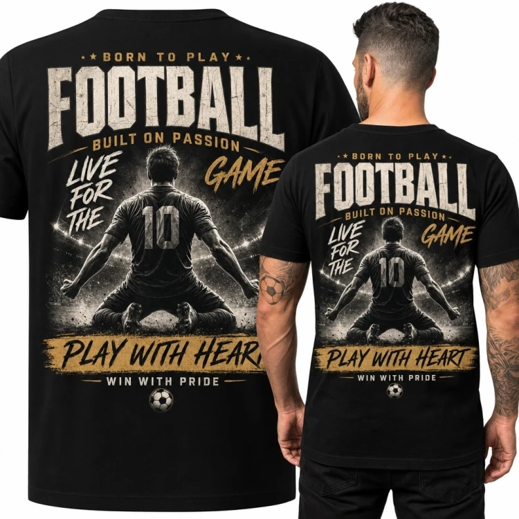 Koszulka męska z piłkarzem numer 10 i napisami „Football” oraz „Play with heart”