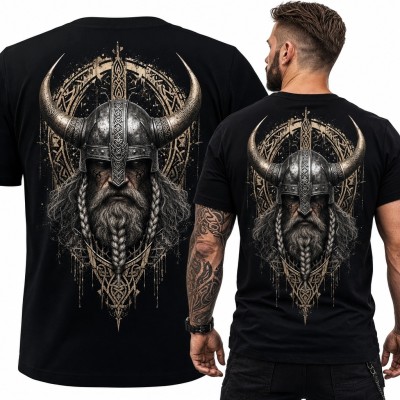 Koszulka męska z wikingiem w rogatym hełmie i nordycką plecionką - nadruk na plecach