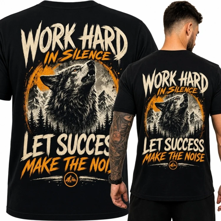Koszulka męska z wilkiem i hasłem „Work hard in silence / Let success make the noise” - duży nadruk na plecach