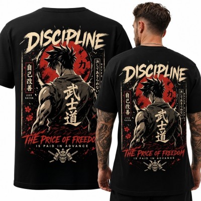 Koszulka męska „Discipline” z wojownikiem w stylu mangi - motyw bushido
