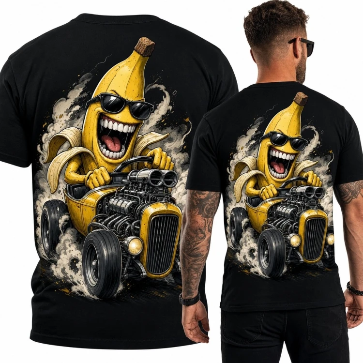 Koszulka męska z bananem w hot rodzie - duży nadruk na plecach