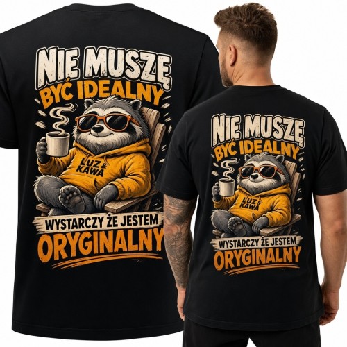 Koszulka męska z leniwcem i kawą „Nie muszę być idealny, wystarczy że jestem oryginalny”
