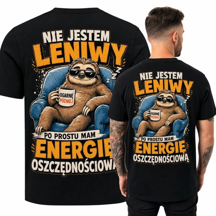 Koszulka męska z leniwcem „Nie jestem leniwy - po prostu mam energię oszczędnościową”