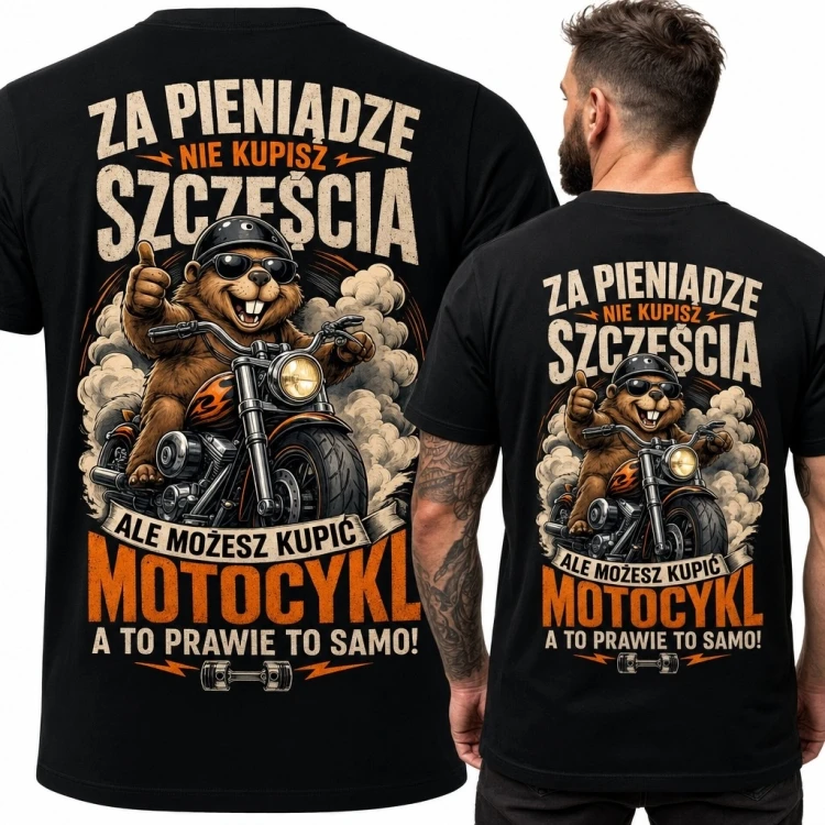 Koszulka męska z bobrem na motocyklu - „Za pieniądze nie kupisz szczęścia, ale możesz kupić motocykl, a to prawie to samo!”