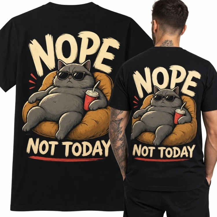 Koszulka męska z kotem „Nope / Not Today” - duży nadruk na plecach