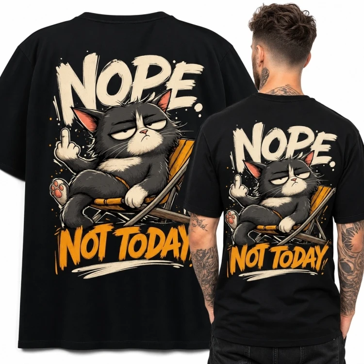 Koszulka męska z kotem „Nope - Not Today” - duży nadruk na plecach