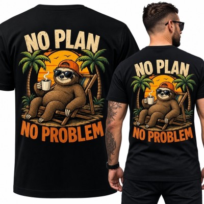 Koszulka męska z leniwcem „No Plan No Problem” - wakacyjny nadruk na plecach