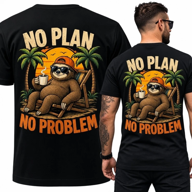 Koszulka męska z leniwcem „No Plan No Problem” - wakacyjny nadruk na plecach