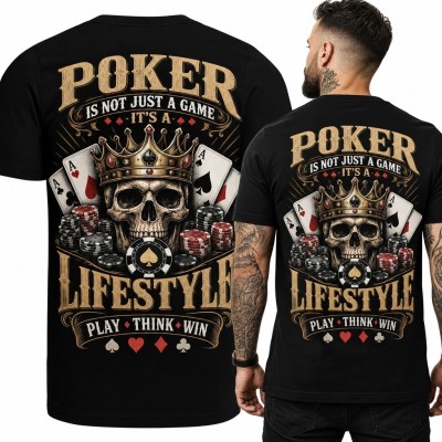 Koszulka męska pokerowa „Poker Lifestyle” - czaszka w koronie, asy i żetony