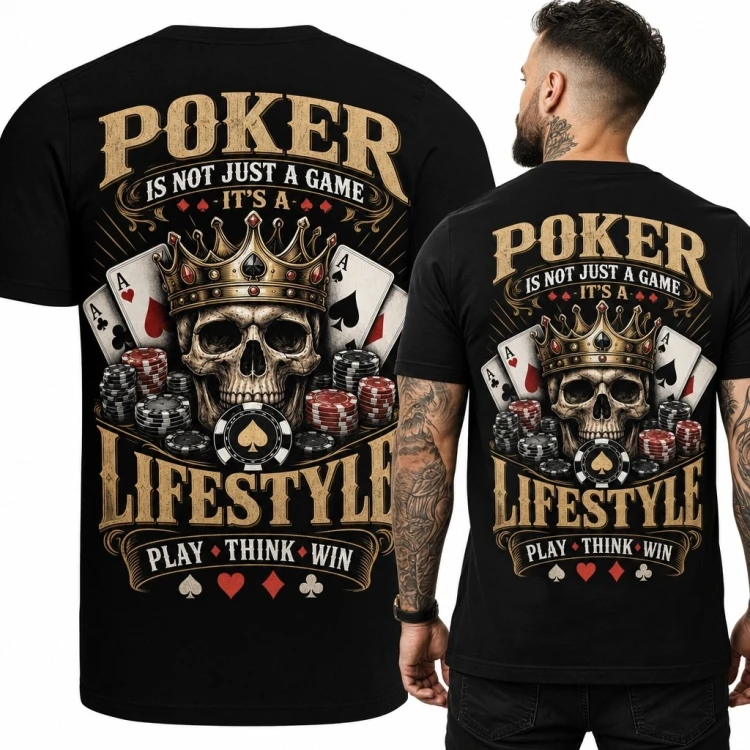 Koszulka męska pokerowa „Poker Lifestyle” - czaszka w koronie, asy i żetony