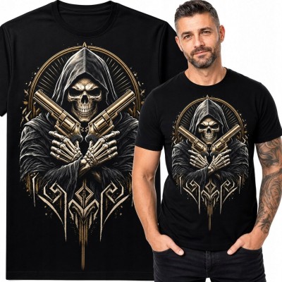 Koszulka męska z zakapturzonym kościotrupem i rewolwerami - gothic western